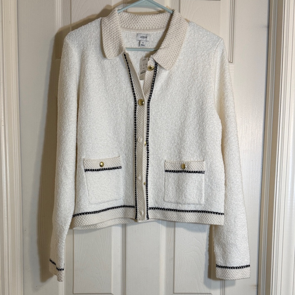J. Crew Factory Cream Bouclé Cardigan Jacket with Black Trim and Gold Buttons M